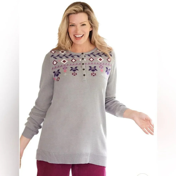 WOMAN WITHIN FAIR ISLE GRAY BUTTON TAB FRONT HENLEY SWEATER. NWOT. Size 26/28 2X - Picture 1 of 5